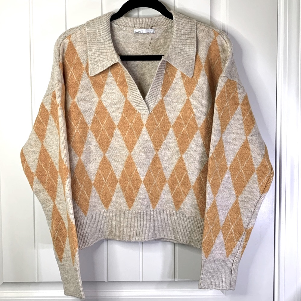Kaily K Argyle Mustard Yellow Pullover V-neck Sweater Size Large